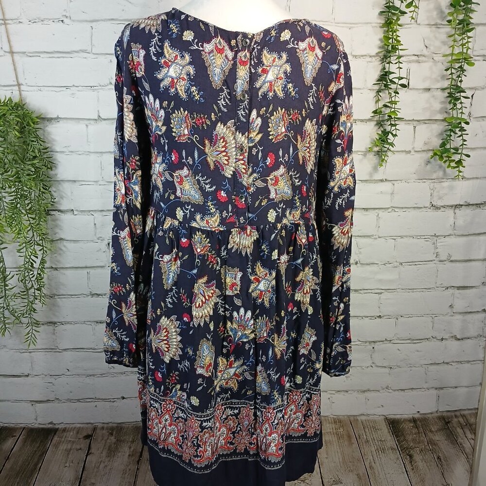 WOMENS CALIFORNIA MOONRISE TUNIC DRESS, NAVY WITH FLORAL DESIGN, SIZE MED, BOHO - Picture 2 of 6
